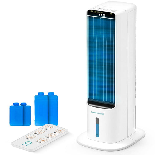 Serenelife Portable Evaporative Air Cooler Tower Fan With 5L Detachable Water Tank 60� Adjustable Oscillation 3 Fan Modes 4 Ice Boxes And Remote Control � Ideal For Home Office And School (White) - SLACL5LWH