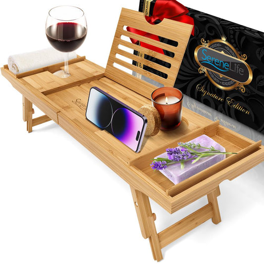 Bath Caddy Tray Comfort Bamboo Waterproof Adjustable Dark Brown - SLBCAD502GB