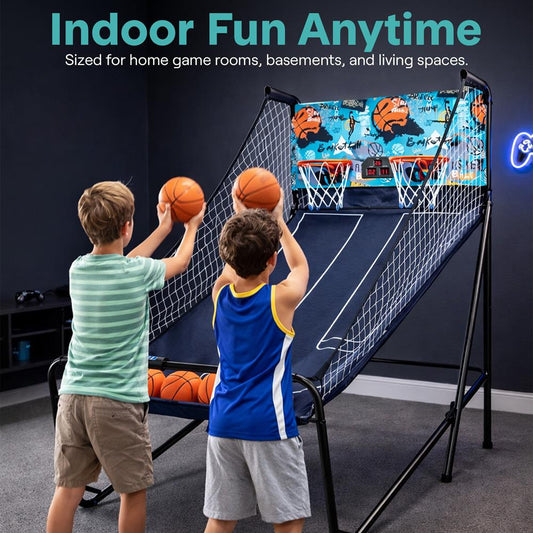 Dual Hoop Basketball Game - LED Scoreboard Foldable 5 Balls Included - SLBSKBG90