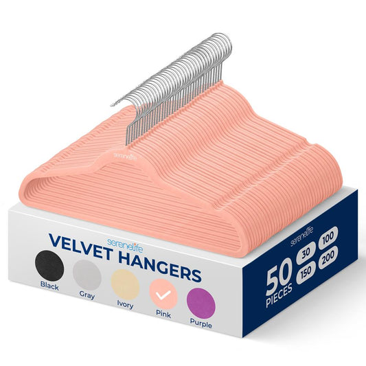 50 Pack Velvet Hangers Non-Slip 360� Swivel Hook Pink - SLHVELPIK50