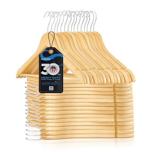 30-Pack Heavy Duty Wooden Hangers - 360� Swivel Hook Natural Finish - SLHWD30