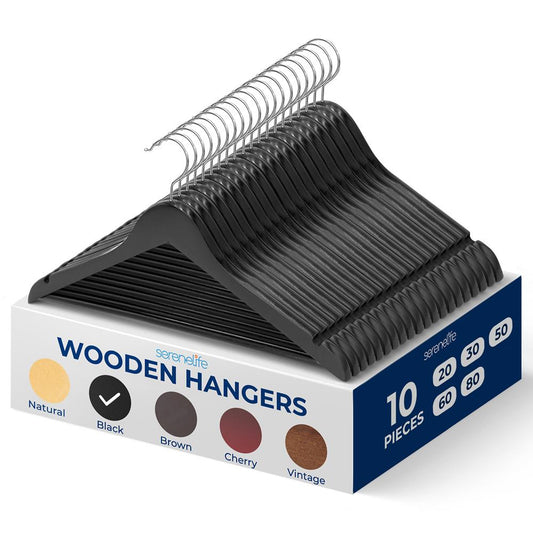 10-Pack Wooden Coat Hangers - Durable Space-Saving 360� Swivel Hook - SLHWDBLK10