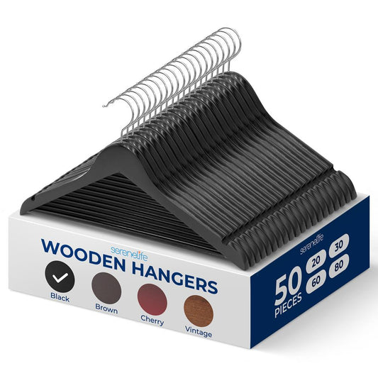 50-Pack Wooden Coat Hangers - Durable Space-Saving 360� Swivel Hook - SLHWDBLK50