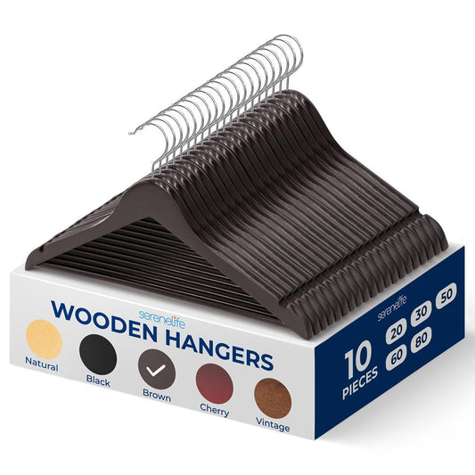 Wooden Coat Hangers 10-Pack Durable 360� Swivel Hook Natural Wood - SLHWDBRWN10