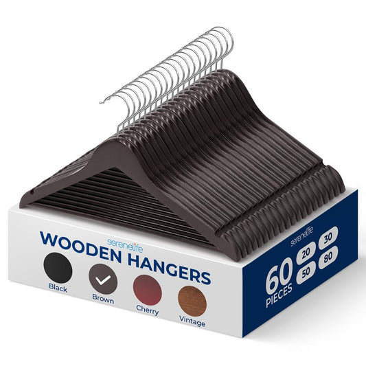 Wooden Coat Hangers 60-Pack Durable 360� Swivel Hook Natural Wood - SLHWDBRWN60