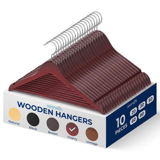 10-Pack Wooden Coat Hangers - Durable Space-Saving Cherry Finish - SLHWDCHRY10