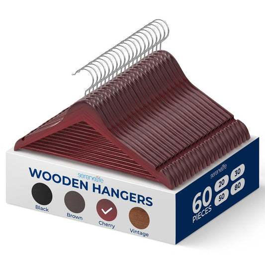 60 Pack Wooden Coat Hangers - Durable Space-Saving Cherry Finish - SLHWDCHRY60