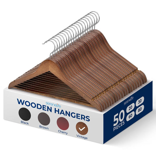 Wooden Coat Hangers 50-Pack Durable 360� Swivel Hook Natural Wood - SLHWDVINT50