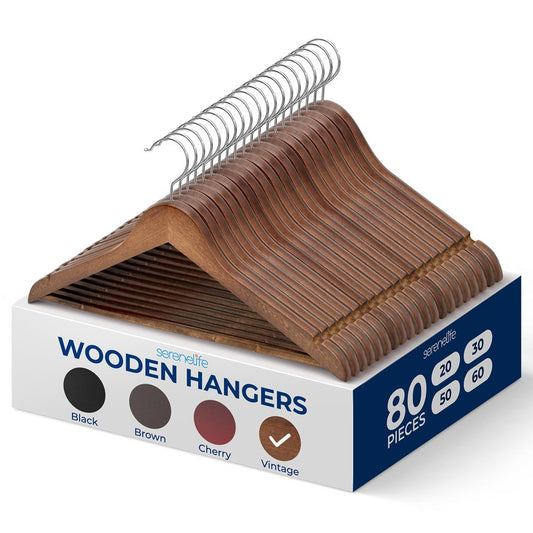 Wooden Coat Hangers 80-Pack Durable 360� Swivel Hook Natural Wood - SLHWDVINT80