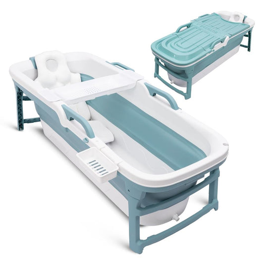 1.5M Foldable Bathtub Set - Includes Lid Tray Bag Stretch Drainage Pipe Bath Cushion And Massage Rollers For Indoor And Outdoor Use (Blue) - SLSPA5BL