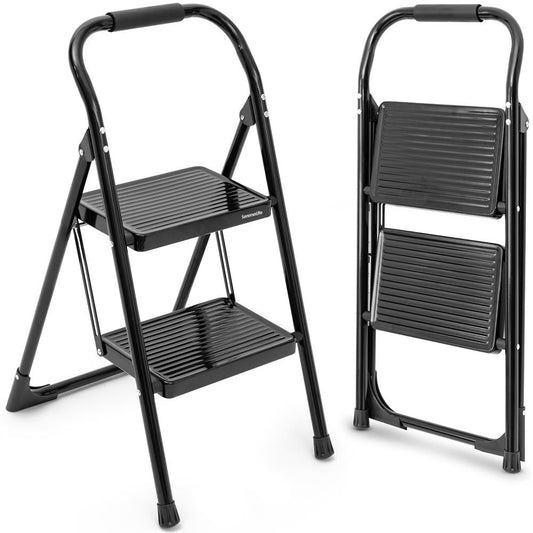 2-Step Folding Step Ladder With Wide Anti-Slip Pedal & Handrail � Sturdy Steel Lightweight & Portable Step Stool For Home & Office Use (White) - SLSTL2WH