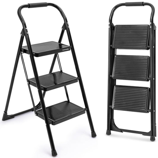 3-Step Folding Step Ladder With Wide Anti-Slip Pedal & Handrail � Sturdy Steel Lightweight & Portable Step Stool For Home & Office Use (White) - SLSTL3WH