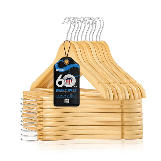 Wooden Hangers 60-Pack Heavy Duty 360� Swivel Hook Natural Wood - SLWDD61