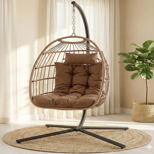Foldable Egg Chair 350 lbs Capacity Rattan Wicker with Cushion Brown - SWC55B