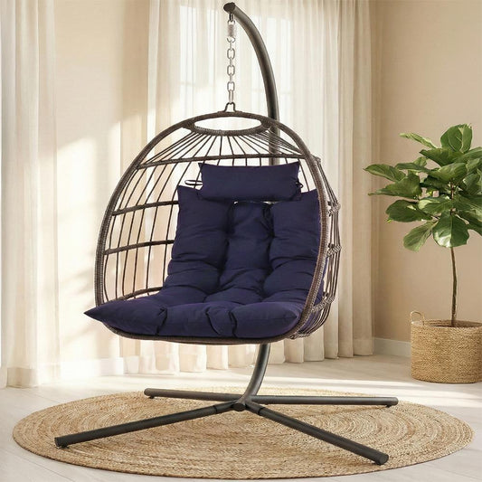 Foldable Egg Chair 350 lbs Capacity Rattan Wicker Deep Blue Cushion - SWC66DB