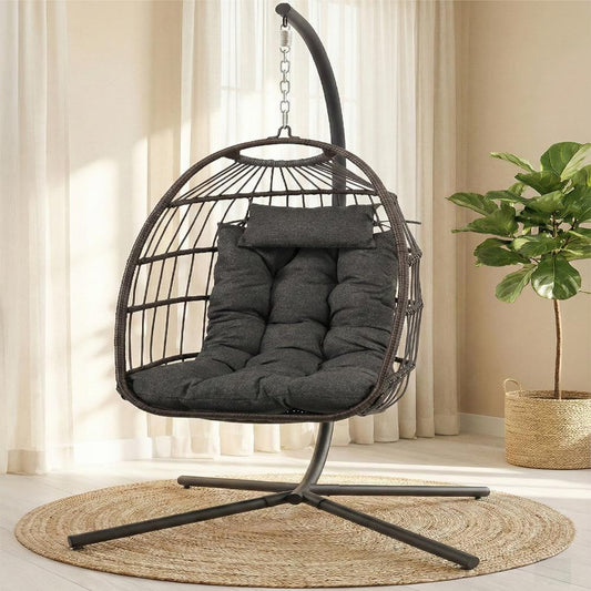 Foldable Egg Chair with Stand 350 lbs Capacity Rattan Wicker Gray - SWC77DG