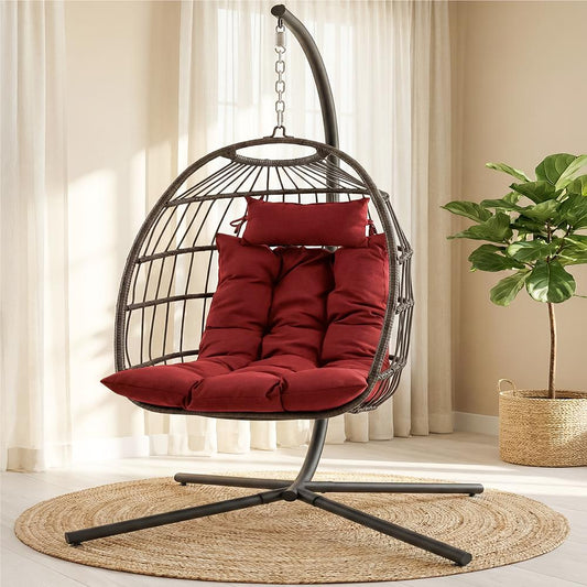 Foldable Egg Chair 350 lbs Capacity Rattan Wicker Red Cushion - SWC888R